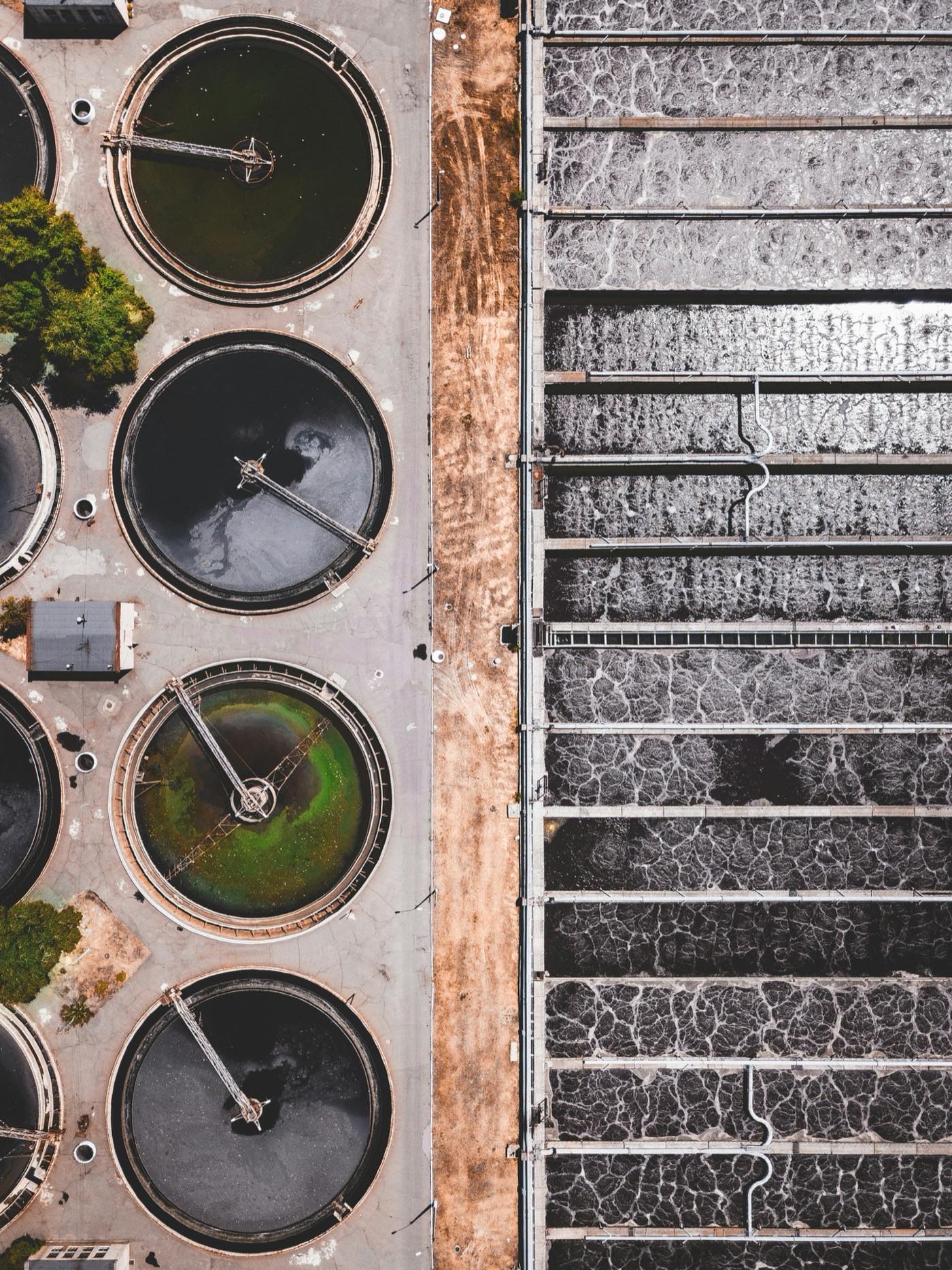 Aerial view of clarifiers and aeration basins