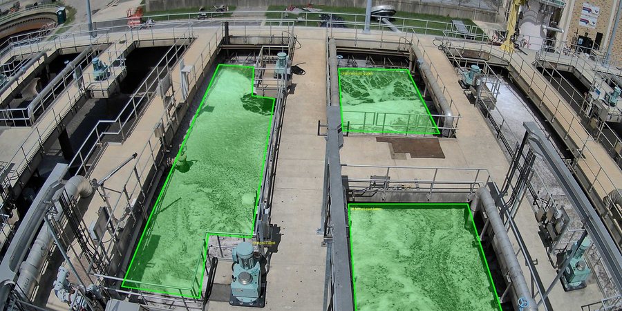 One of the foam cameras at Blue Plains looking down on the basins, the three regions it measures traced in green on the water surface
