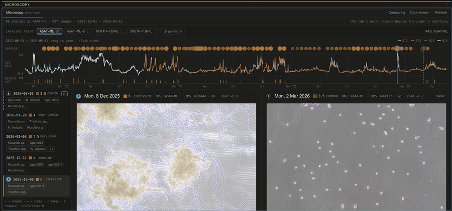 The microscopy viewer at Hastings: years of samples on a timeline beside SVI, and a December sample with excessive filaments compared with a clear one from March